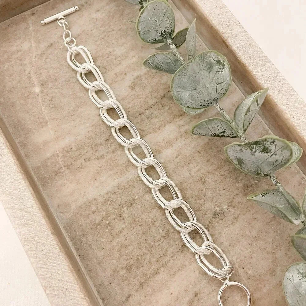 925 Sterling Silver Chunky Chain Link Toggle Bracelet Silver Statement Bracelet - Picture 5 of 8